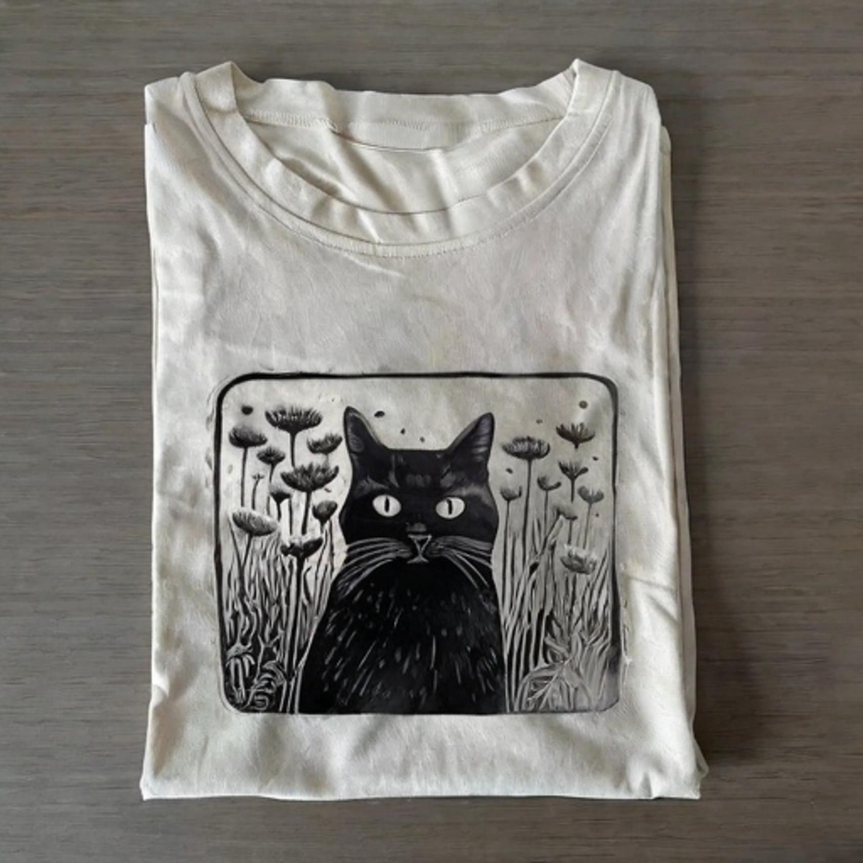 Vintage Floral Folklore Black Cat T-shirt - Vintage Washed Apparel by VanceMade