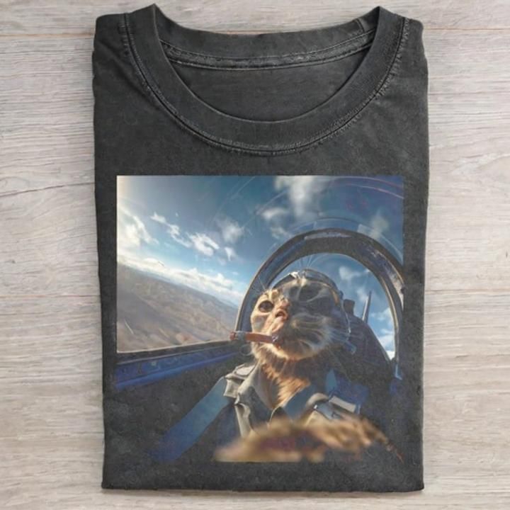 Jet Fighter Cat Graphic Shirt - Vintage Washed Apparel by VanceMade
