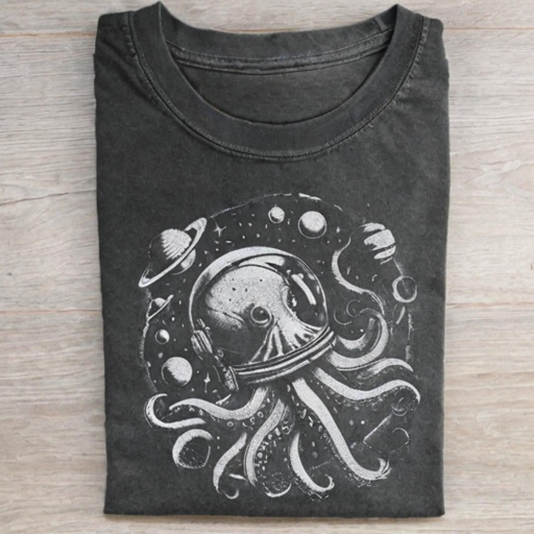 Retro Octopus In Space Funny 90s Graphic T-shirt - Vintage Washed Apparel by VanceMade