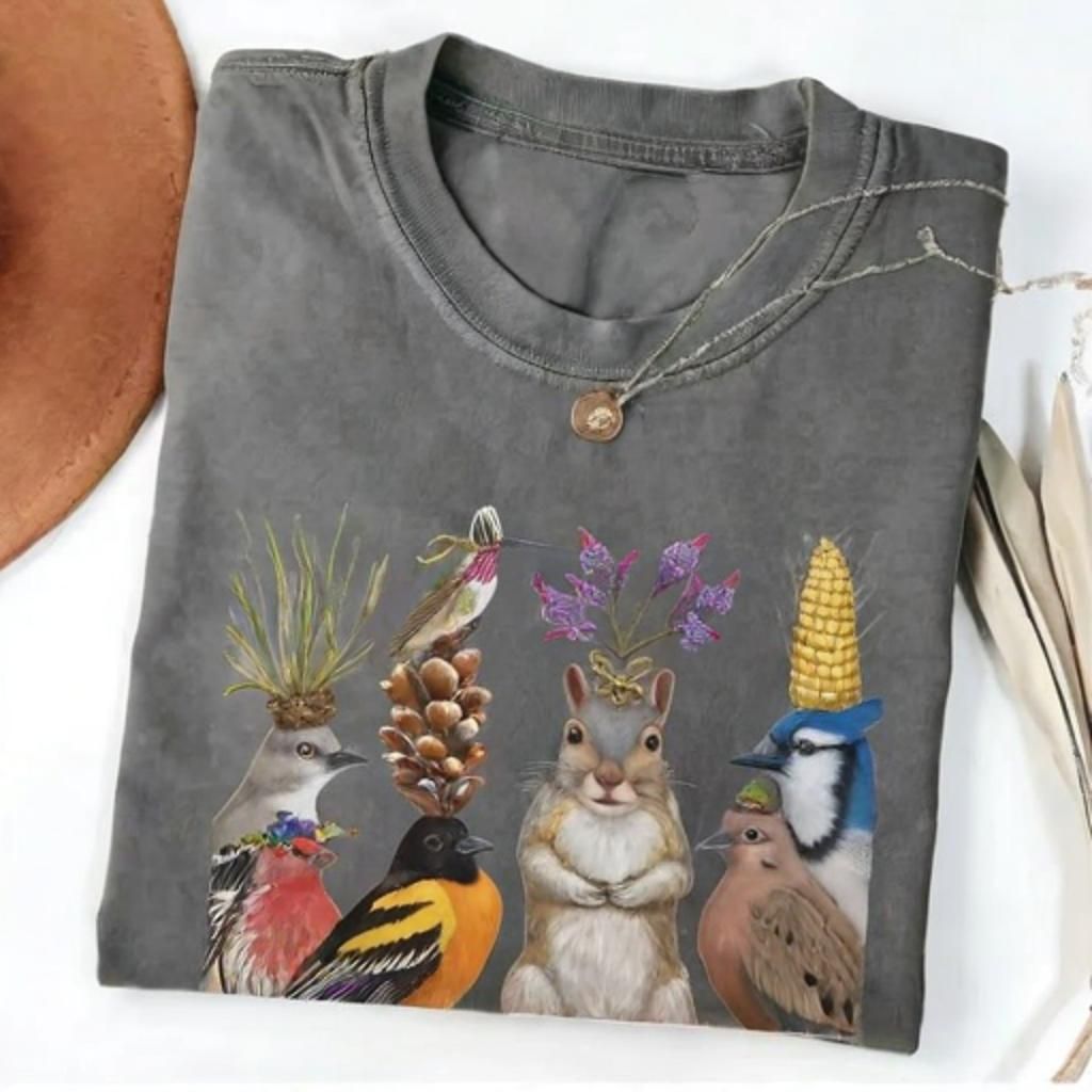 Squirrel and Birds Whimsical Nature T-shirt - Vintage Washed Apparel by VanceMade