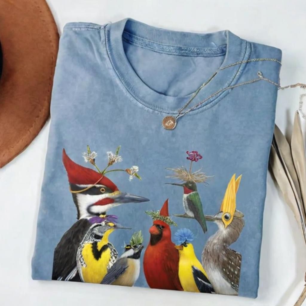 Colorful Birds Floral Crown Nature T-shirt - Vintage Washed Apparel by VanceMade