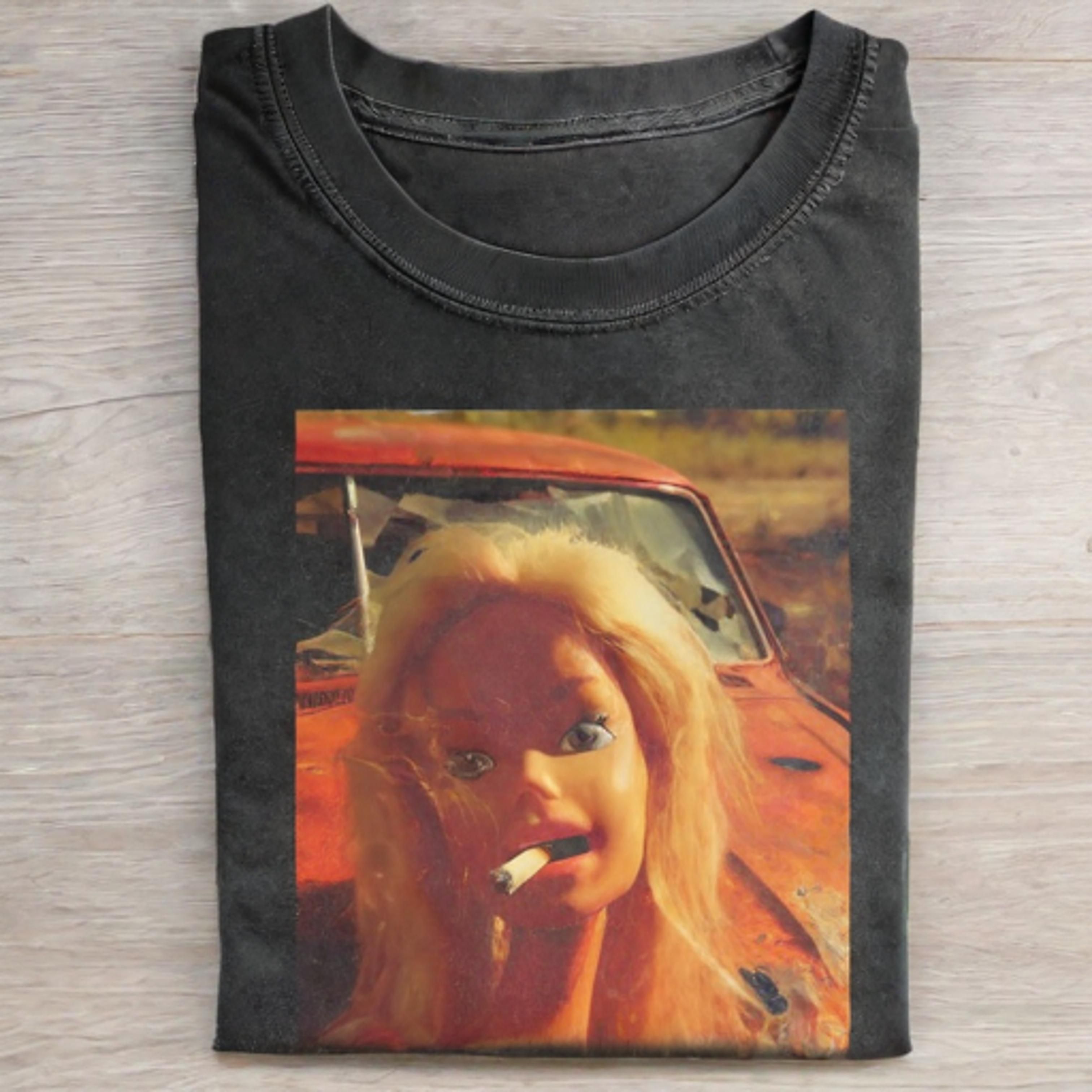 RETRO Funny Doll Face GIRL SMOKING TEE - Vintage Washed Apparel by VanceMade