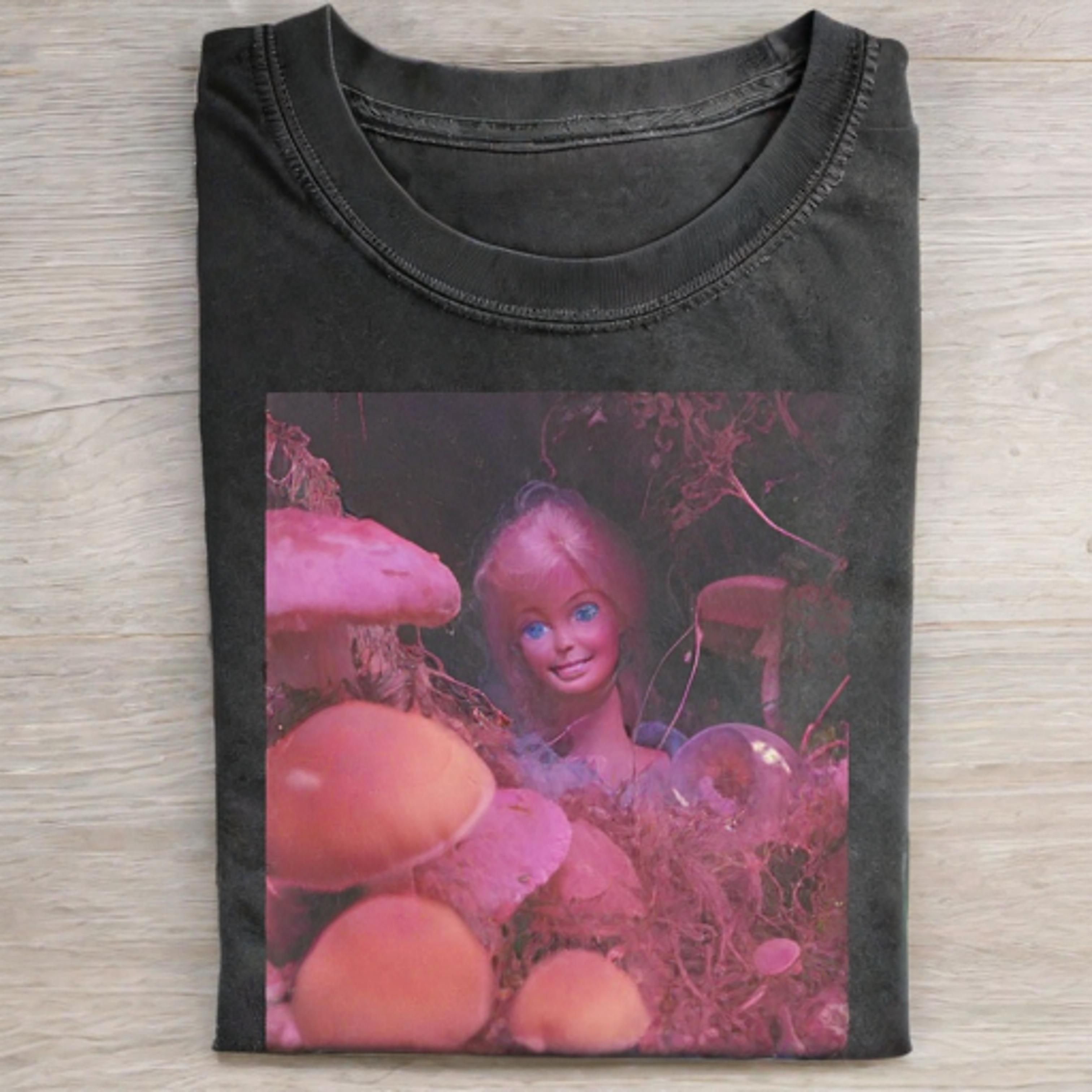 PINK MUSHROOM CUTE Funny Doll Face GIRL T-SHIRT - Vintage Washed Apparel by VanceMade