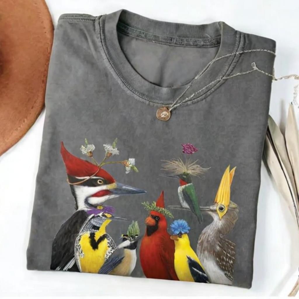 Colorful Birds Floral Crown Nature T-shirt - Vintage Washed Apparel by VanceMade