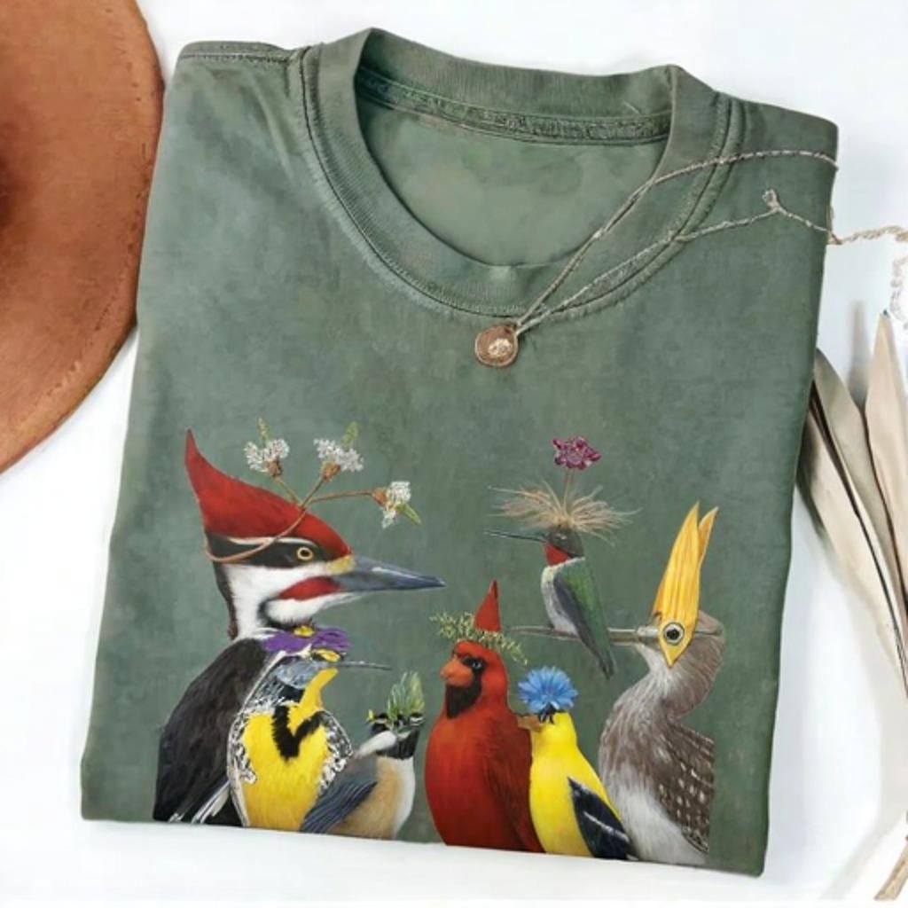 Colorful Birds Floral Crown Nature T-shirt - Vintage Washed Apparel by VanceMade