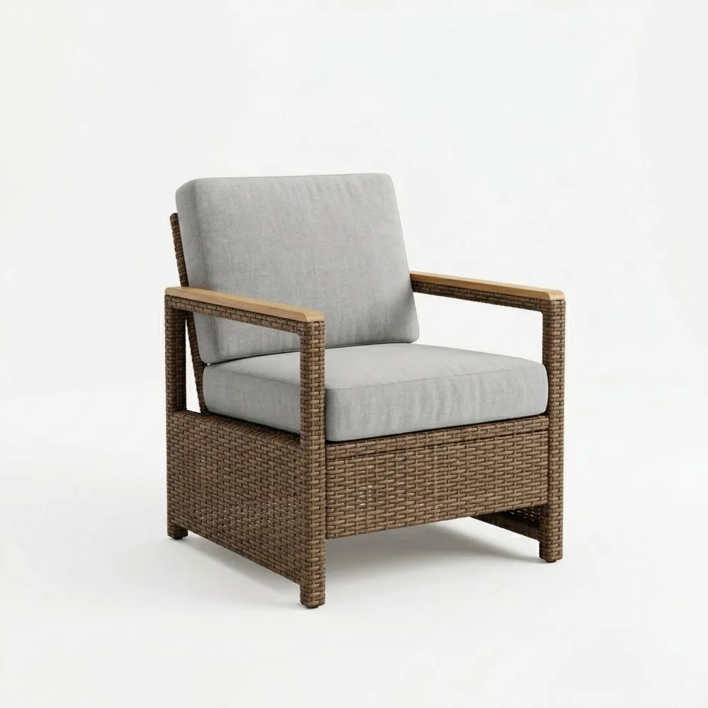 Sillón de Mimbre Sintético para Exterior con Cojines de Tela de Poliéster Gris