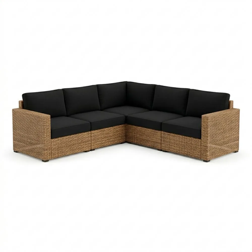 Set de Sofá Esquinero de Ratán Sintético con Cojines Negros