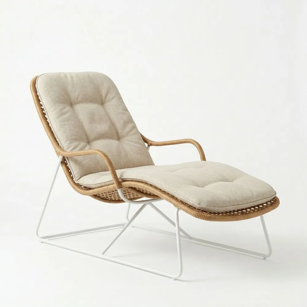 Sillón Chaise Longue de Ratán Sintético y Acero al Carbono Beige, Longitud 180 cm
