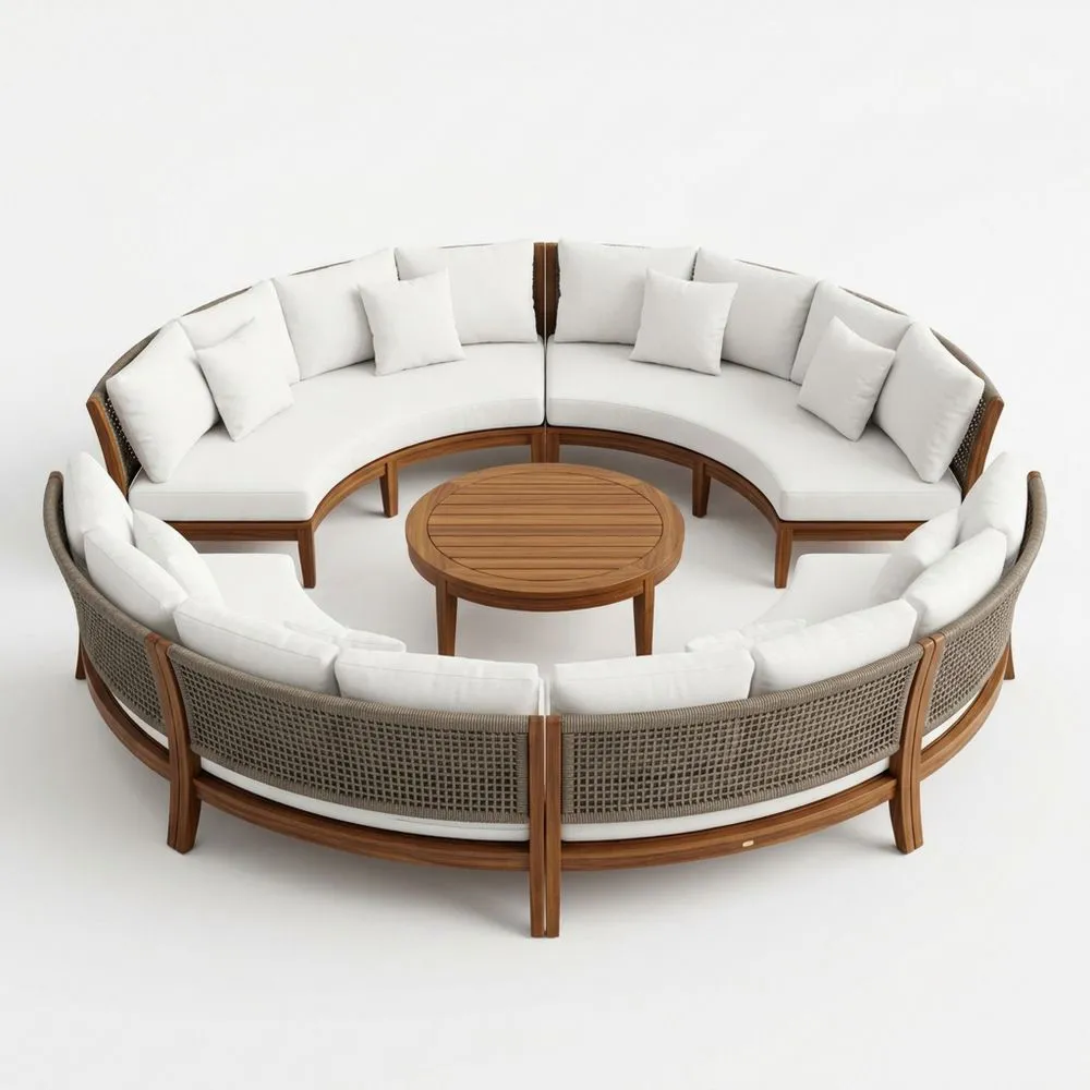 Sofá Seccional Redondo Exterior Madera Teca y Ratán Cojines Blanco