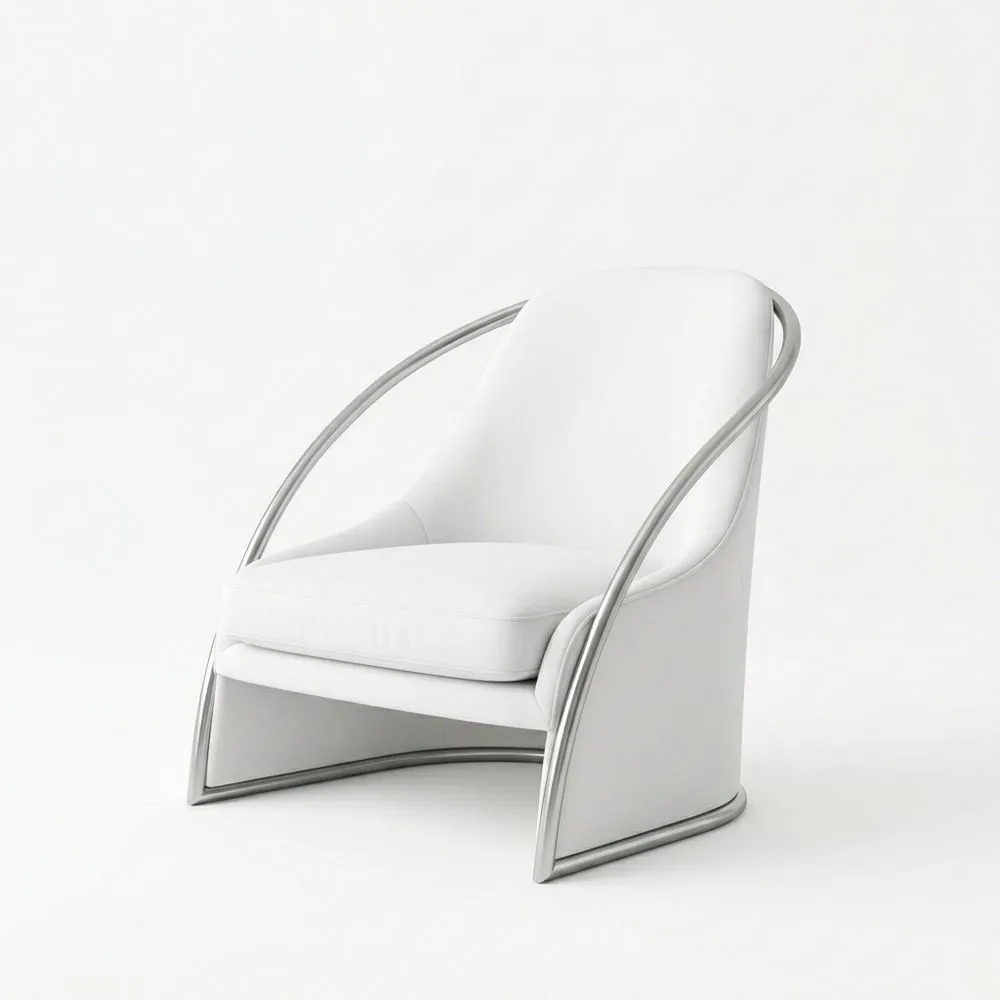 Sillón de cuero sintético blanco con estructura de acero inoxidable