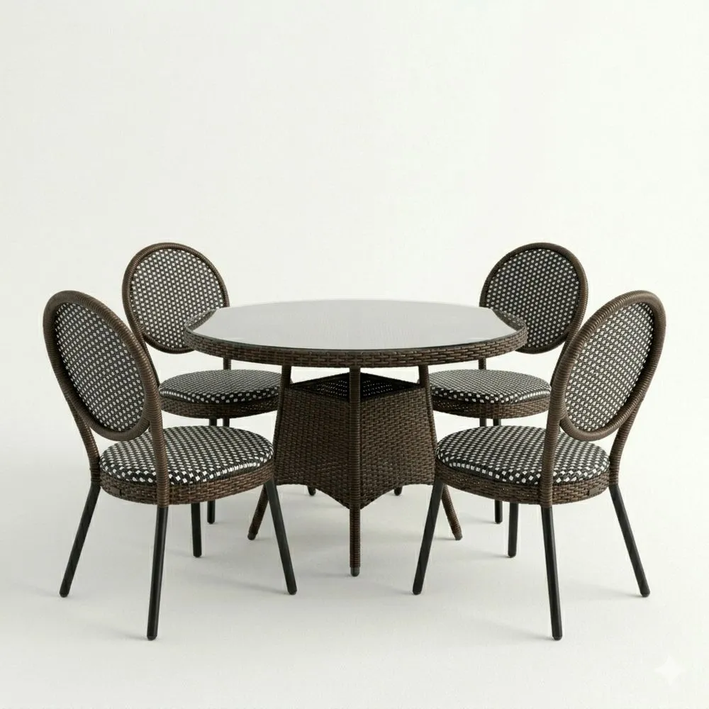 Conjunto de comedor de 5 piezas de ratán sintético y vidrio templado marrón