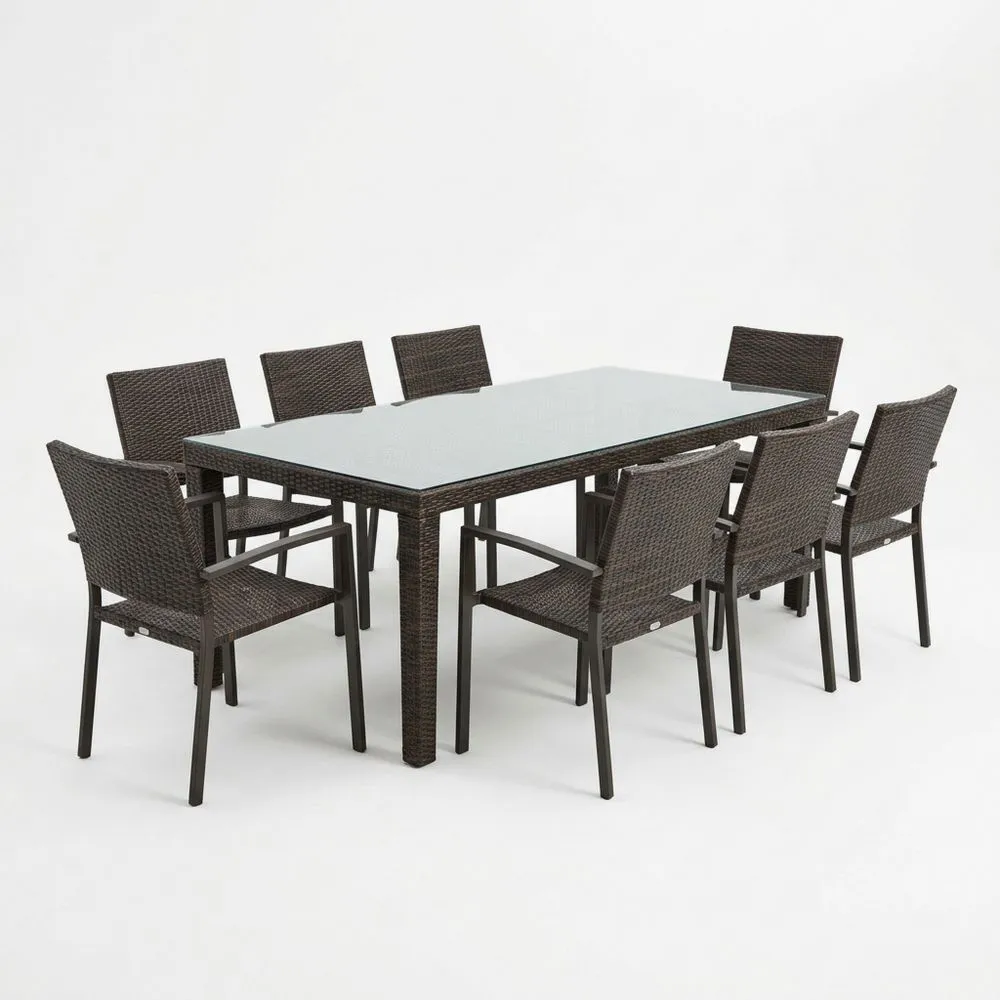 Conjunto de Comedor Exterior con 8 Sillas y Mesa de Vidrio Templado y Ratán Sintético Marrón