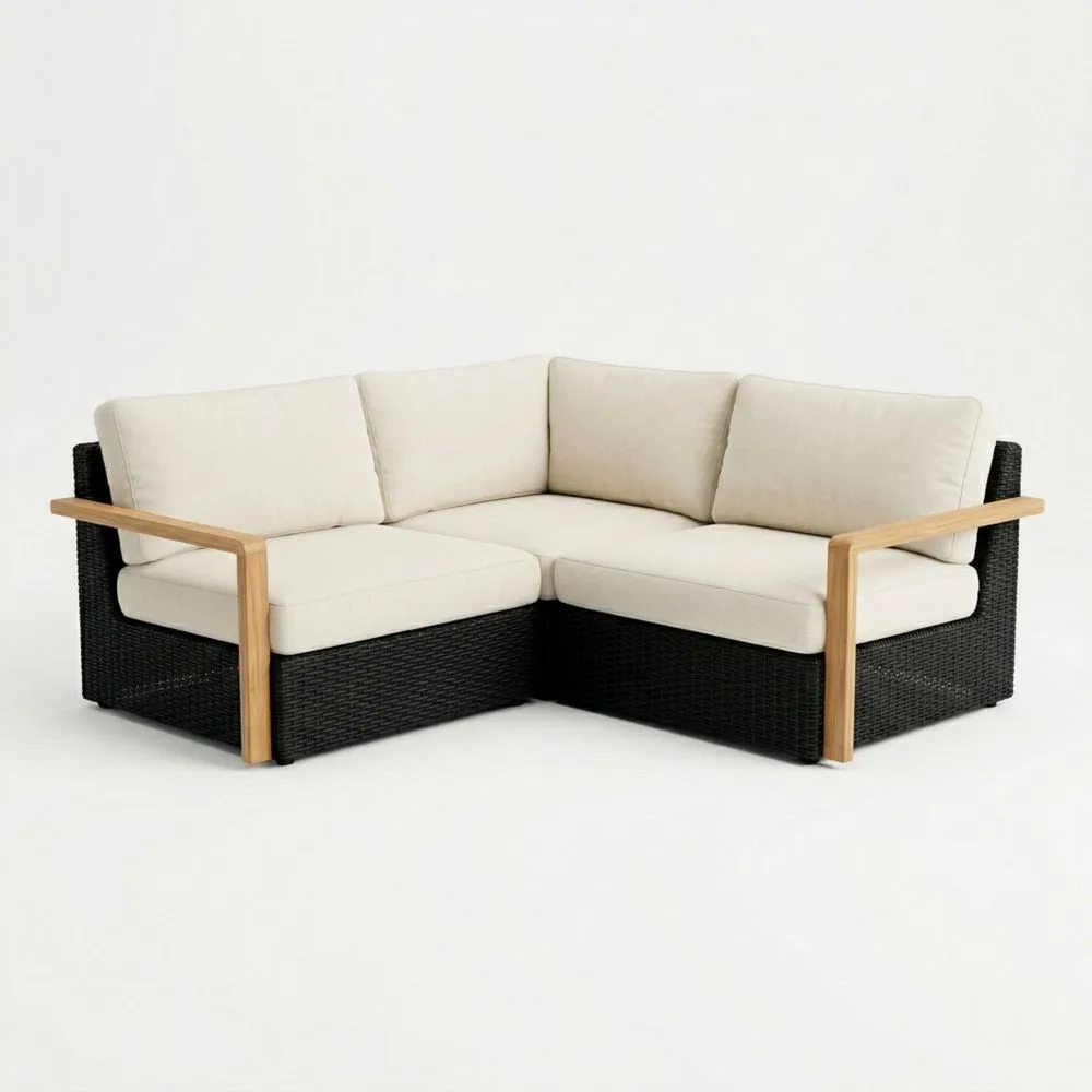 Sofá Esquinero de Ratán Sintético Negro con Cojines Beige