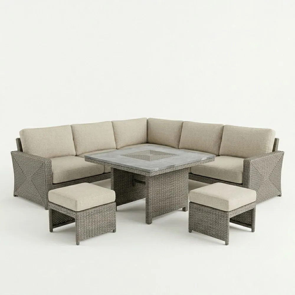 Conjunto de Sofás y Mesa de Ratán Sintético Gris con Cojines Beige