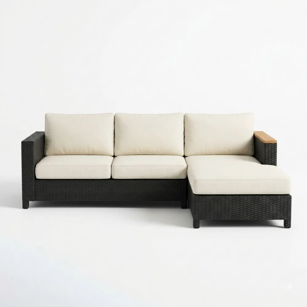Sofá de Esquina Modular 3 Plazas Ratán Sintético Cojines Crema Longitud total 198 cm Negro/Crema