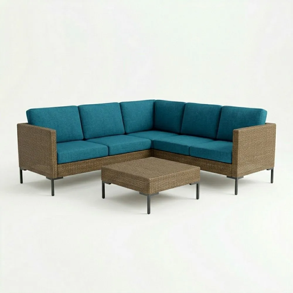 Conjunto de Sofá Esquinero de Ratán con Almohadas Azul