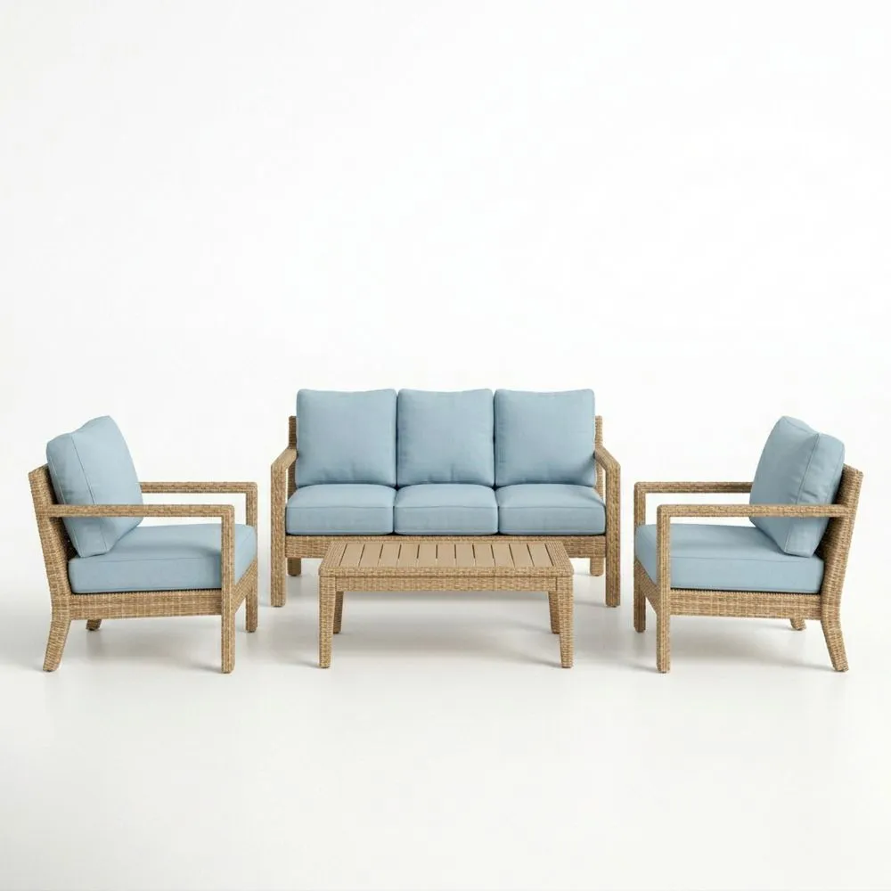 Juego de Muebles de Ratán Sintético con Cojines de Tela Azul