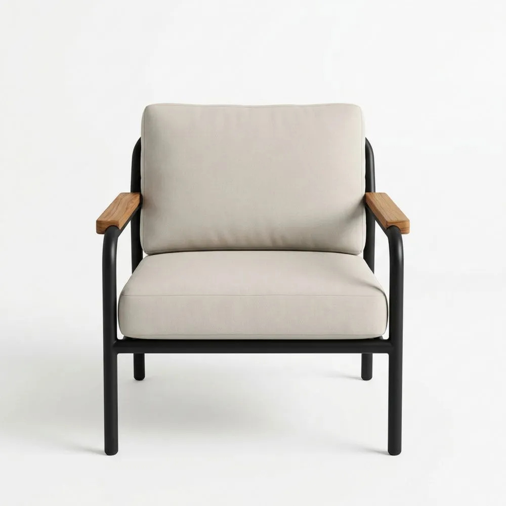 Silón Individual de Acero con Cojín Beige y Brazos de Madera