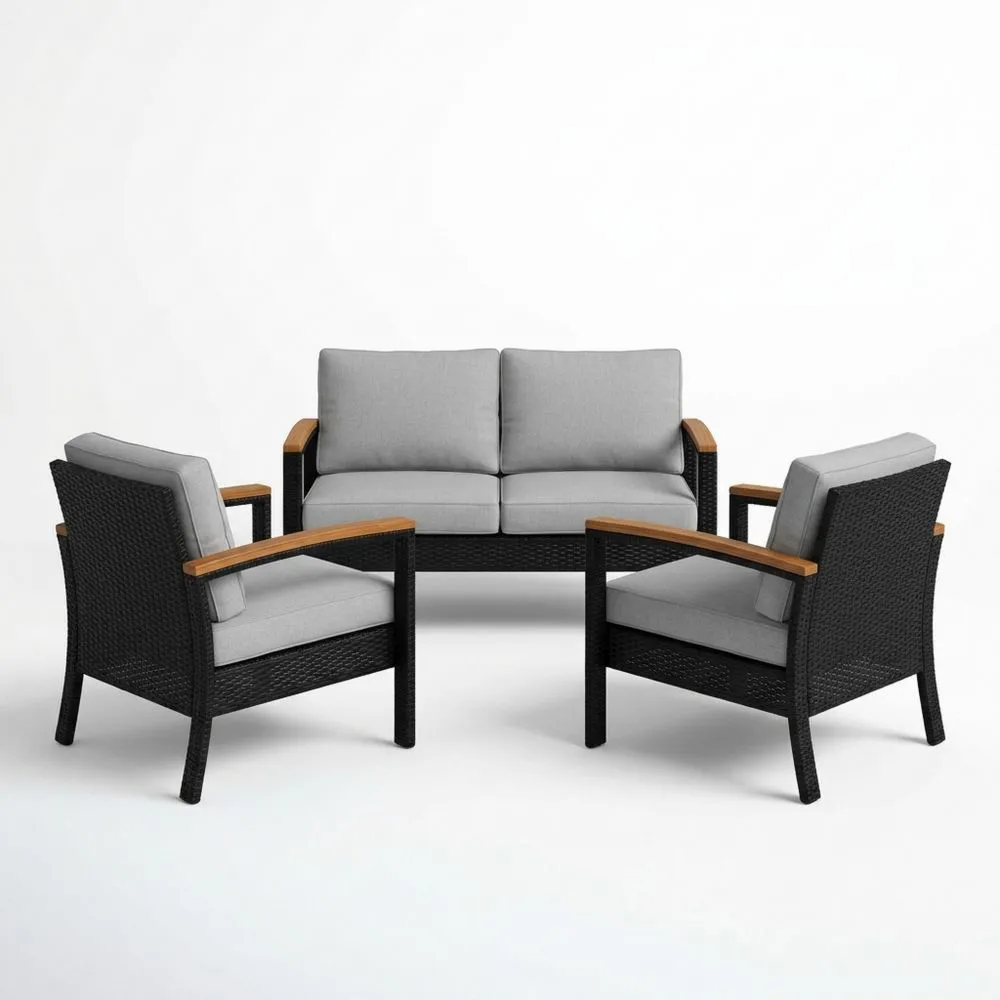 Conjunto de Muebles de Exterior 3 Piezas Ratán Sintético Cojines Grises