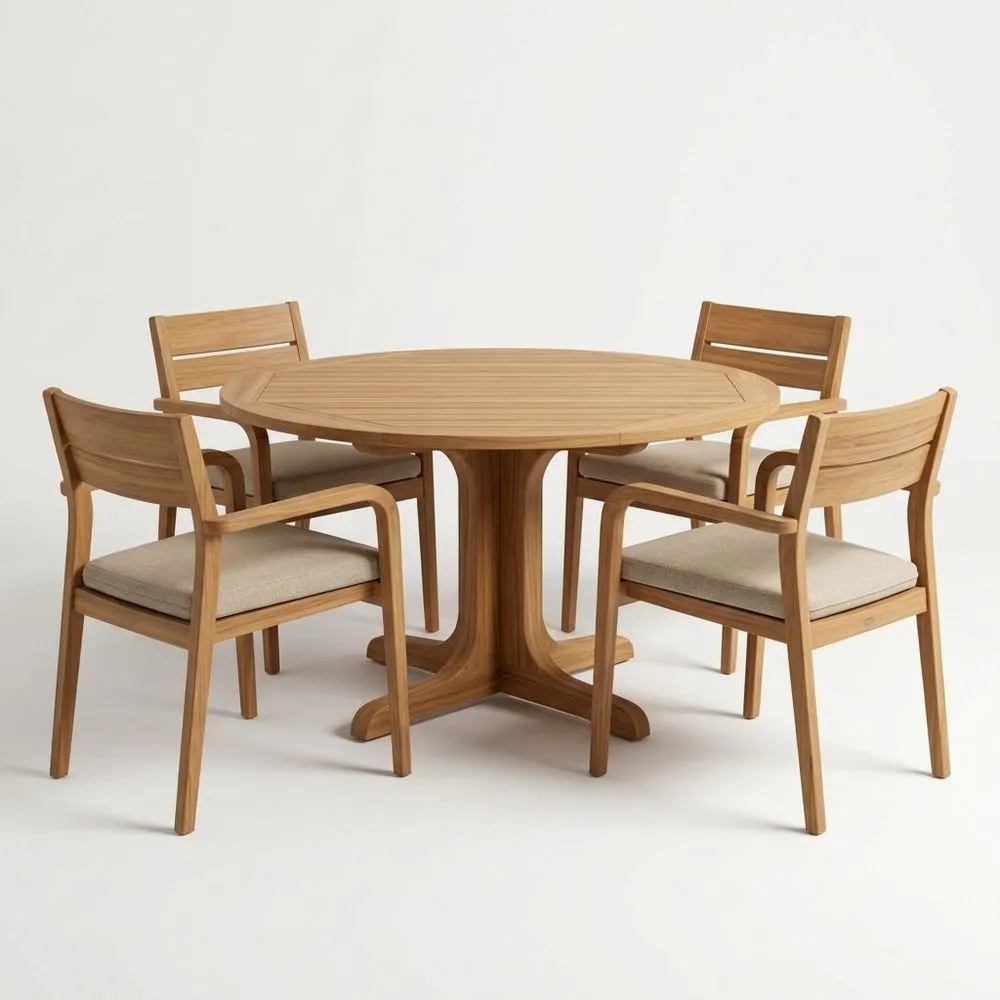 Conjunto de Mesa Redonda de Madera de Teca con 4 Sillas y Cojines Beige