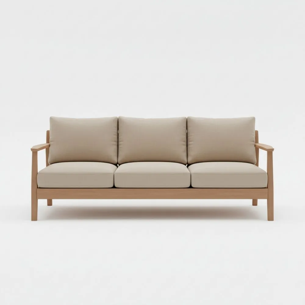 Sofá de 3 plazas de exterior de madera de roble con cojines de poliéster