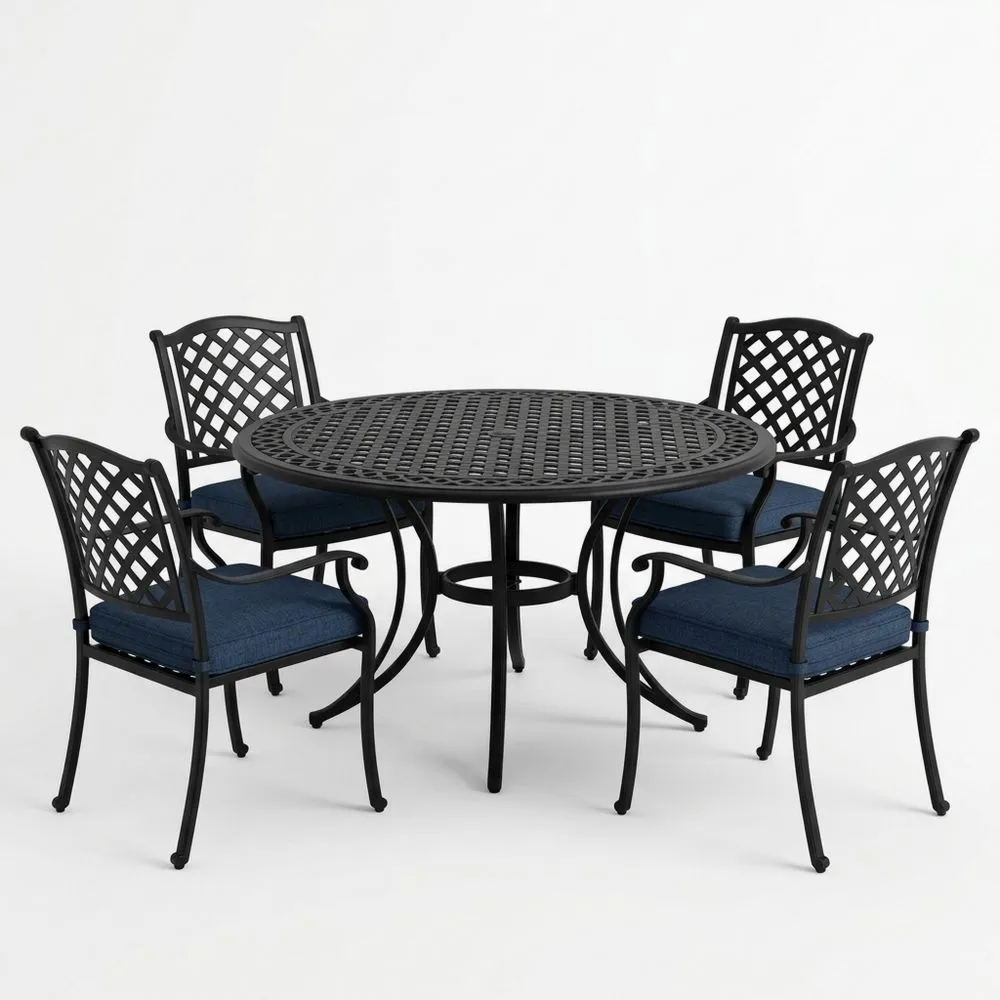 Conjunto de Mesa Redonda de Aluminio Negro con 4 Sillas y Cojines Azules