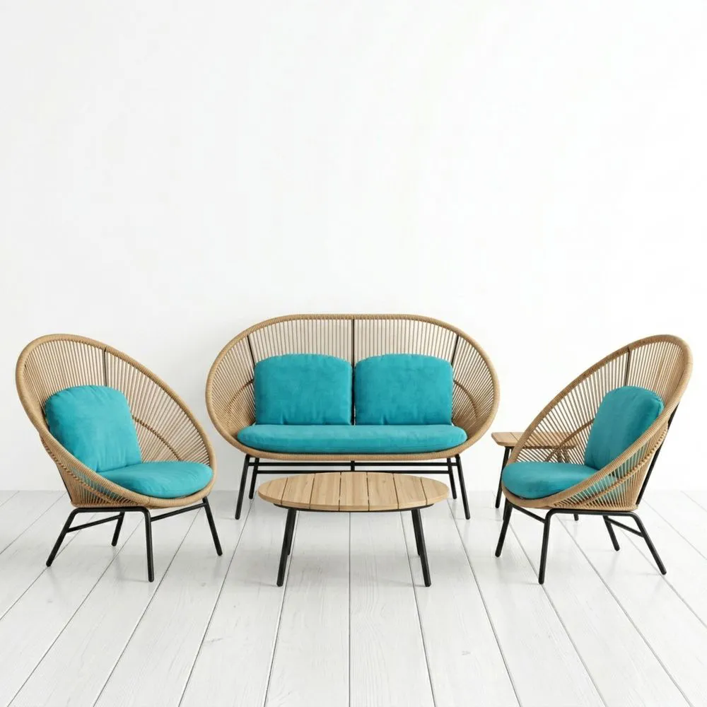 Conjunto de muebles de jardín de mimbre con cojines turquesa