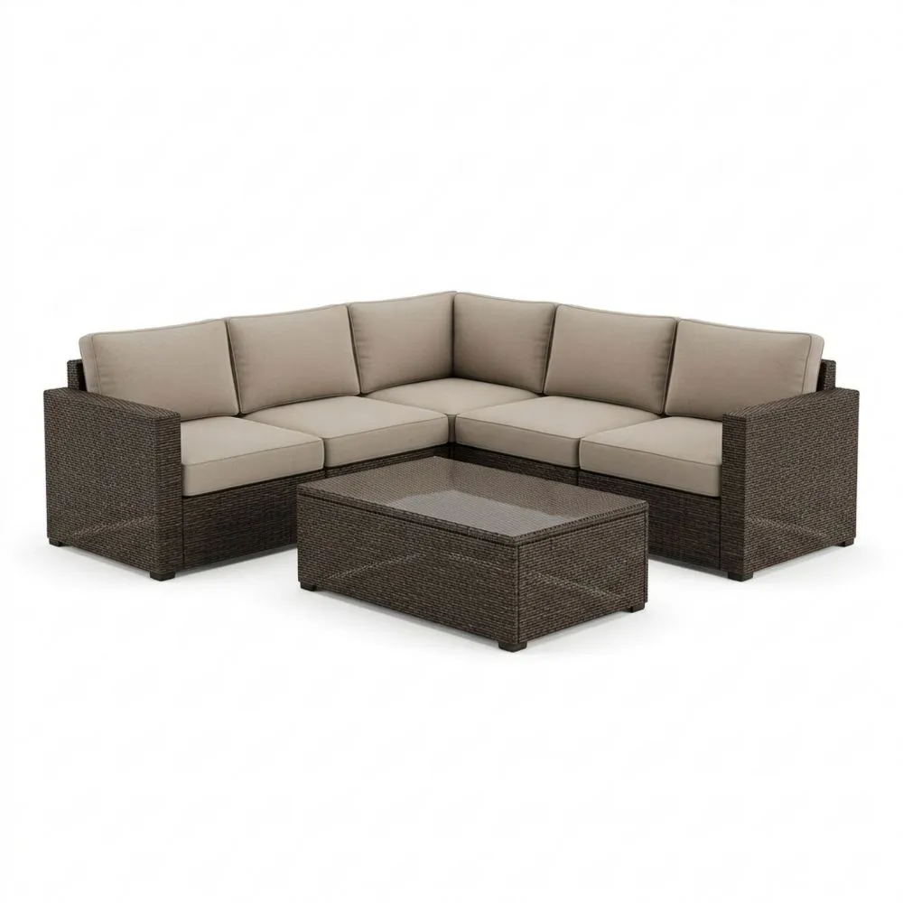 Conjunto de Sofá Esquinero de Ratán Sintético Beige con Mesa de Vidrio