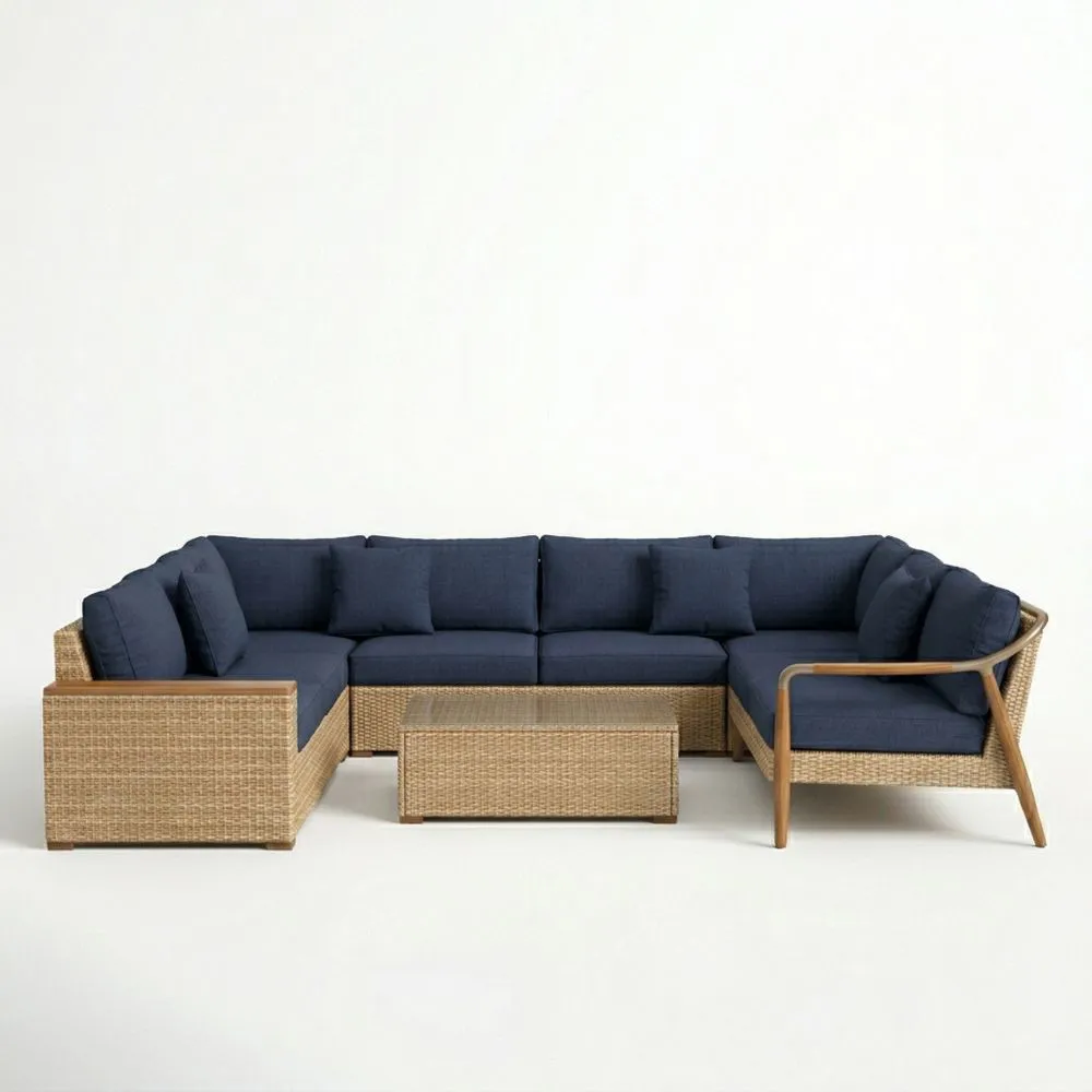 Sofá Seccional de Mimbre Sintético con Almohadas Azul Marino