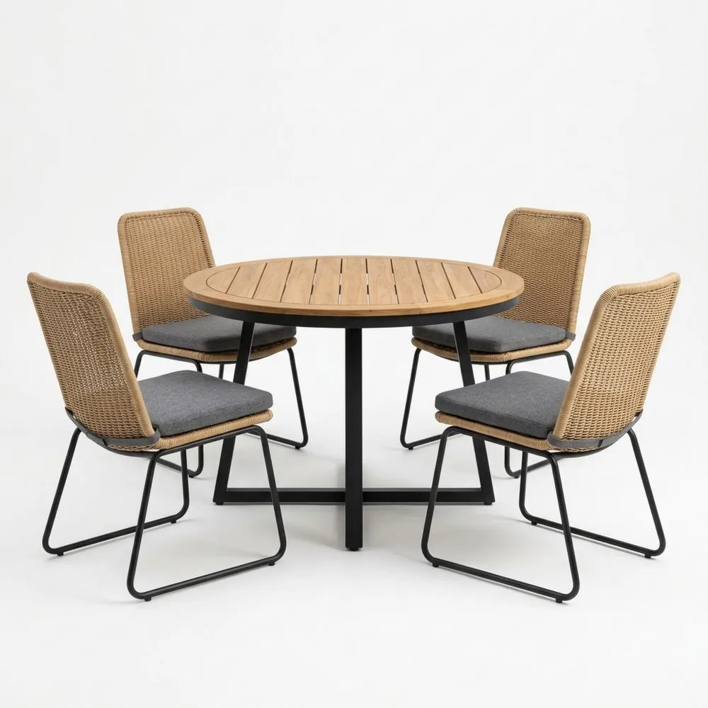 Conjunto de mesa redonda de madera de teca y 4 sillas de ratán sintético con cojines