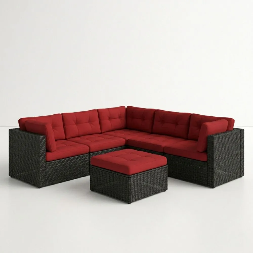 Conjunto de Sofá Modular de Ratán Sintético con Cojines Rojos