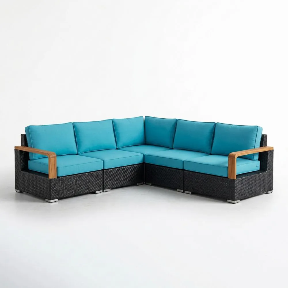 Sofá Esquinero de Ratán PE con Cojines Azul Turquesa y Estructura de Acero