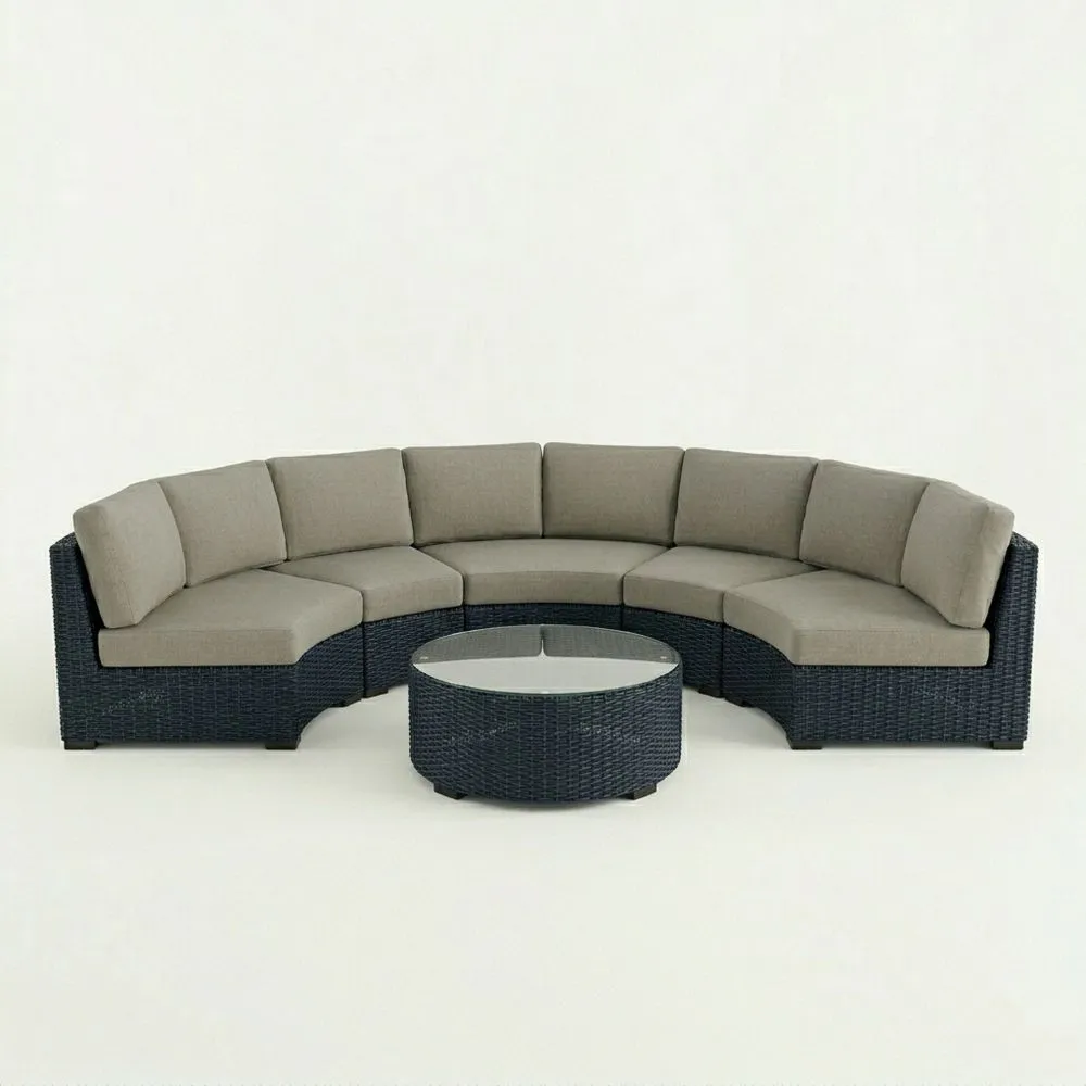 Conjunto Modular de Ratán Sintético con Cojines Grises y Mesa de Vidrio Templado