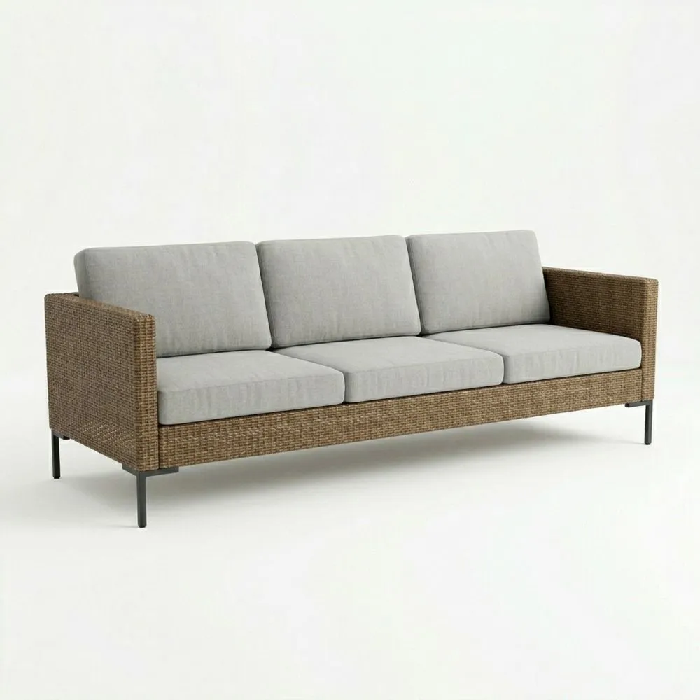 Sofá de Ratán Sintético 3 Plazas con Cojines Grises