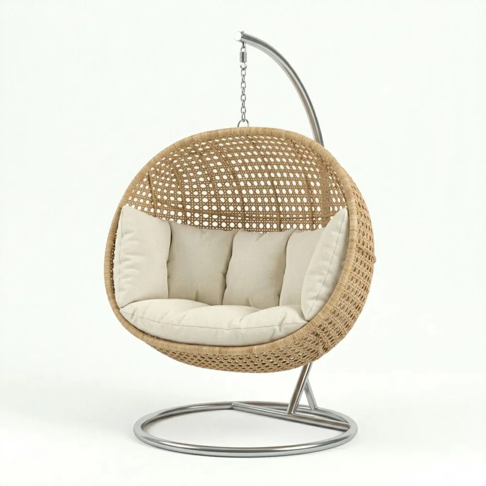 Silla Colgante de Ratán Sintético con Cojin Beige y Estructura de Acero Inoxidable
