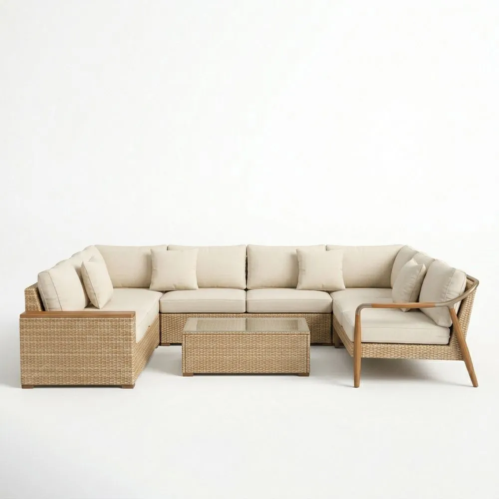 Conjunto de Sofá Seccional de Ratán Sintético con Mesa de Vidrio