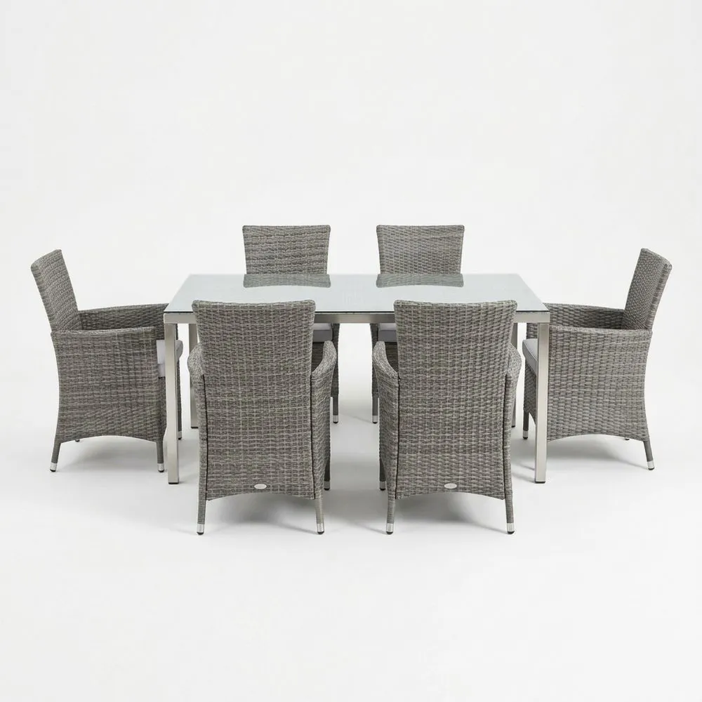 Conjunto de Comedor de Ratán Sintético y Acero Inoxidable con Vidrio Templado de 5 mm de Espesor