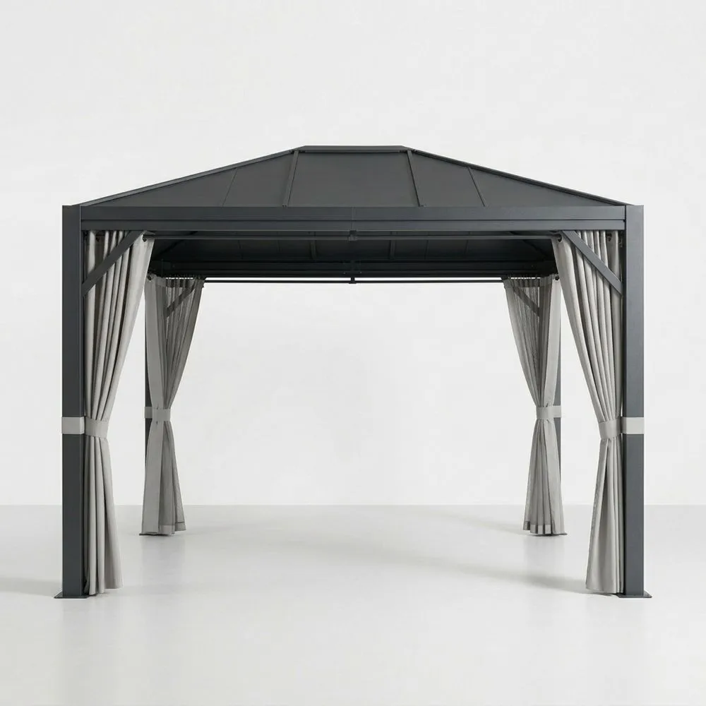 Cenador de Aluminio con Techo de Policarbonato y Cortinas Grises