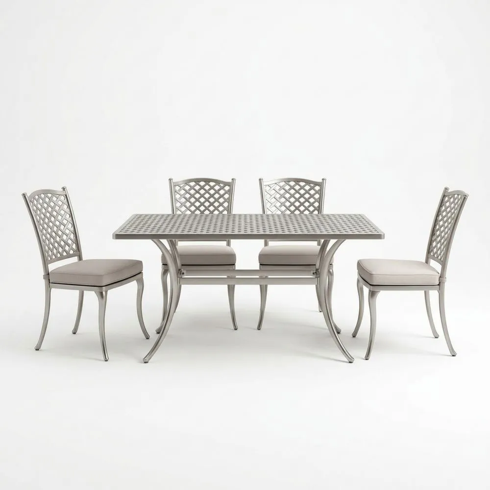 Conjunto de comedor de aluminio con mesa rectangular, 4 sillas y cojines
