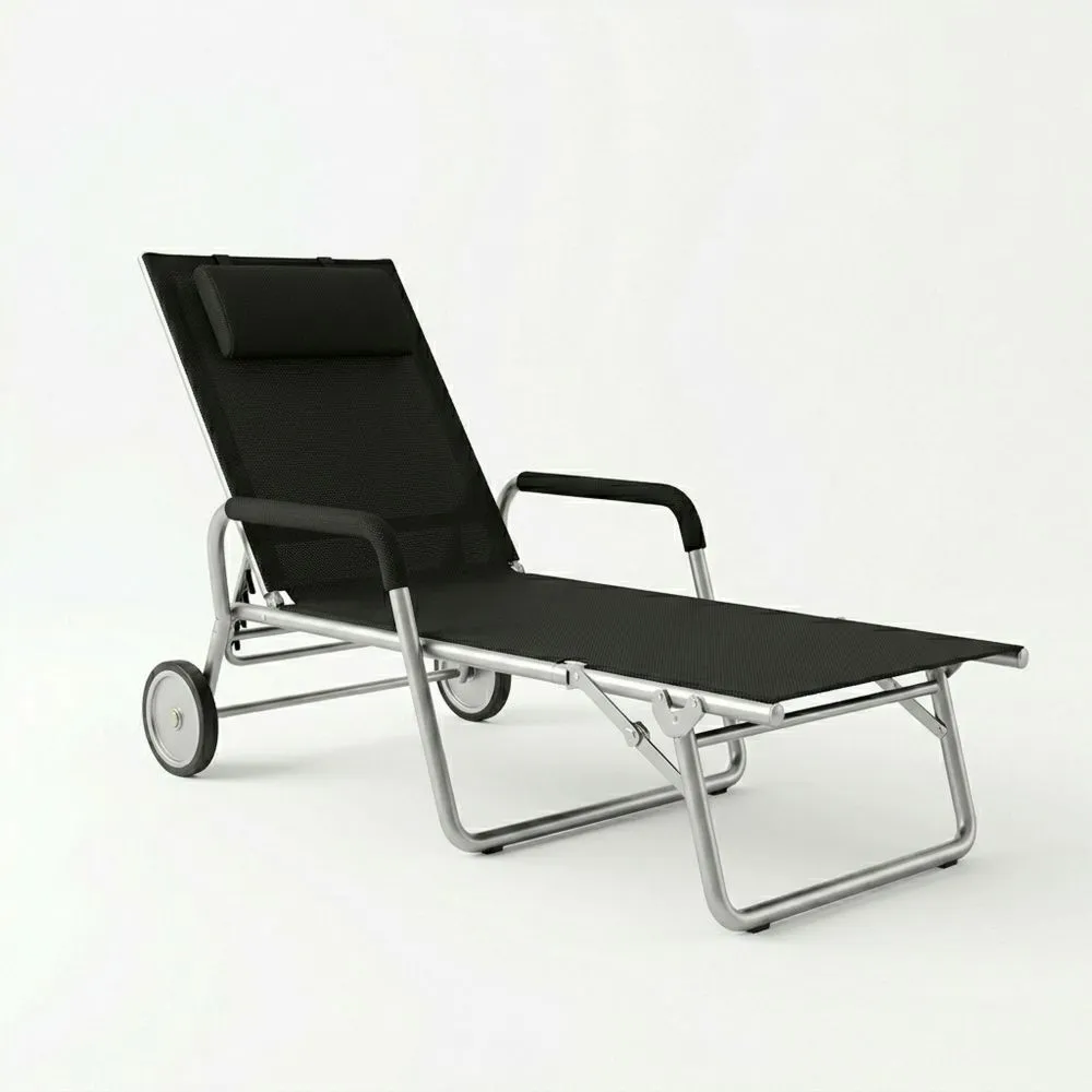 Tumbona ajustable de aluminio y tejido negro con ruedas