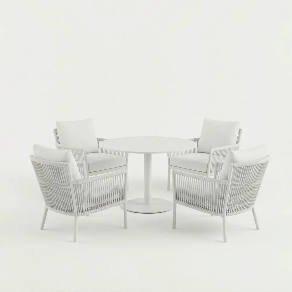 Conjunto de comedor exterior 4 sillas y mesa redonda de aluminio y cuerda de poliéster Blanco