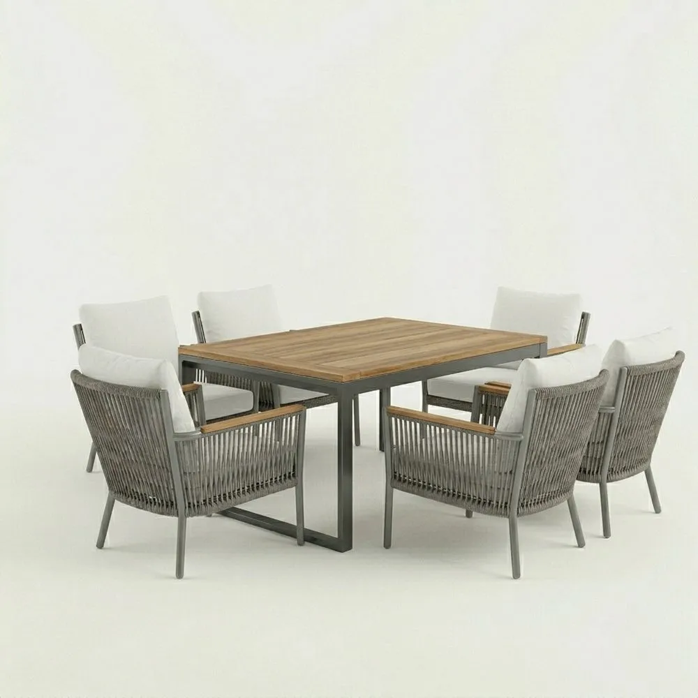 Conjunto de comedor exterior de aluminio y madera de acacia con sillas de cuerda sintética y cojines