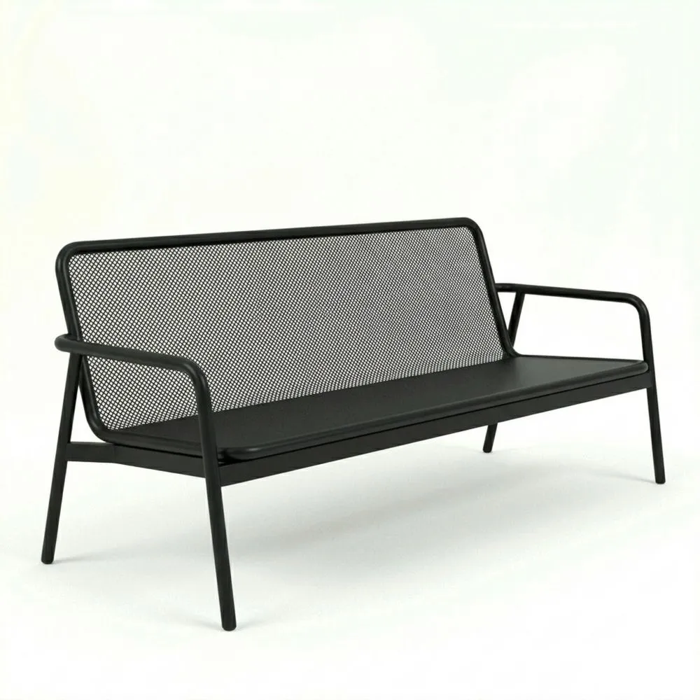 Banco de jardín de acero negro con respaldo de rejilla metálica