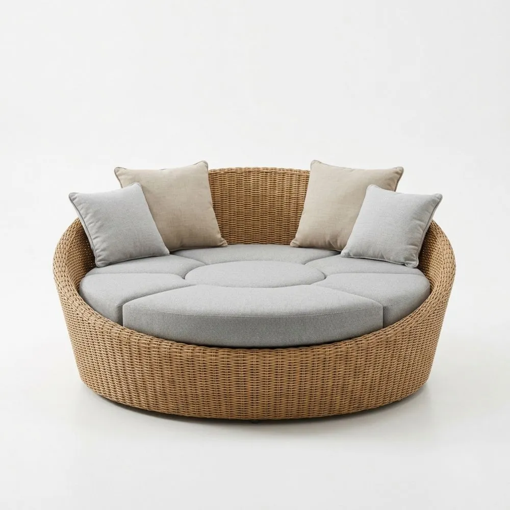Sofá redondo de ratán sintético con cojines grises