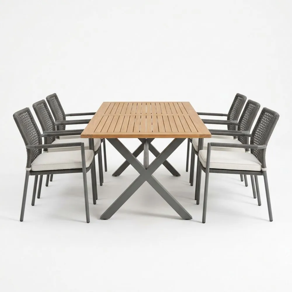 Conjunto de comedor de exterior de teca y aluminio para 6 plazas