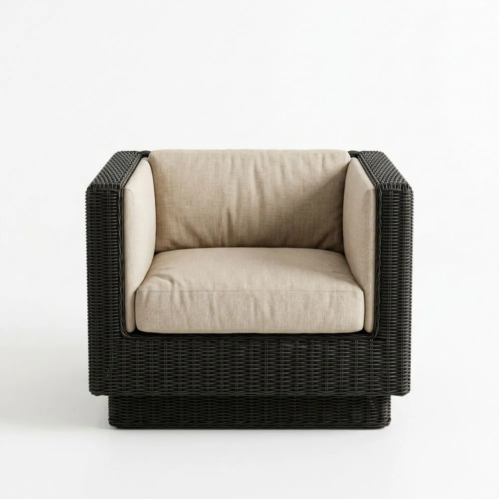 Sillón de Mimbre Sintético con Cojines de Poliéster Beige