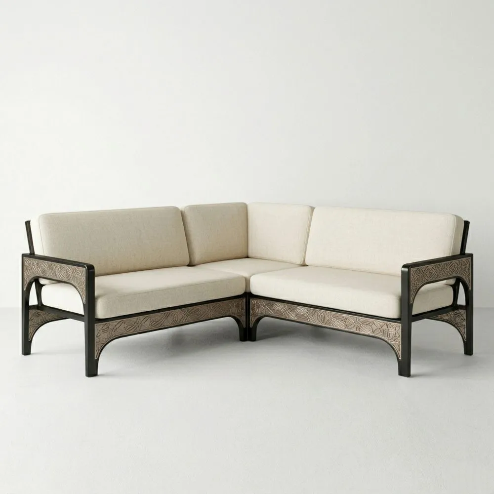 Sofá esquinero de aluminio y lino beige 200×200×80(Largo×Ancho×Alto)cm