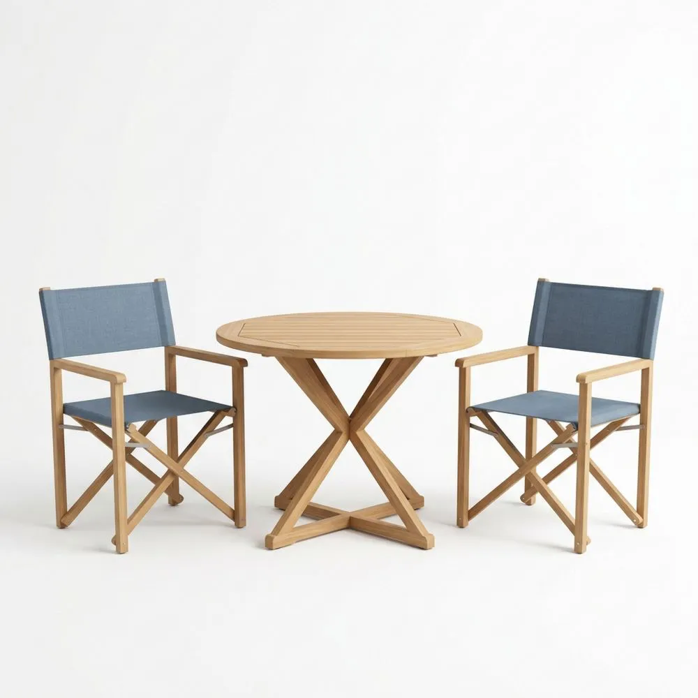 Conjunto de Jardín 3 Piezas Mesa Redonda Madera Teca y Sillas Tela Poliester Azul