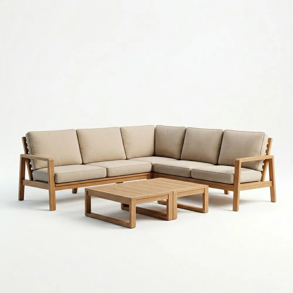 Sofá Esquinero 6 Asientos Madera de Teca Cojines Beige