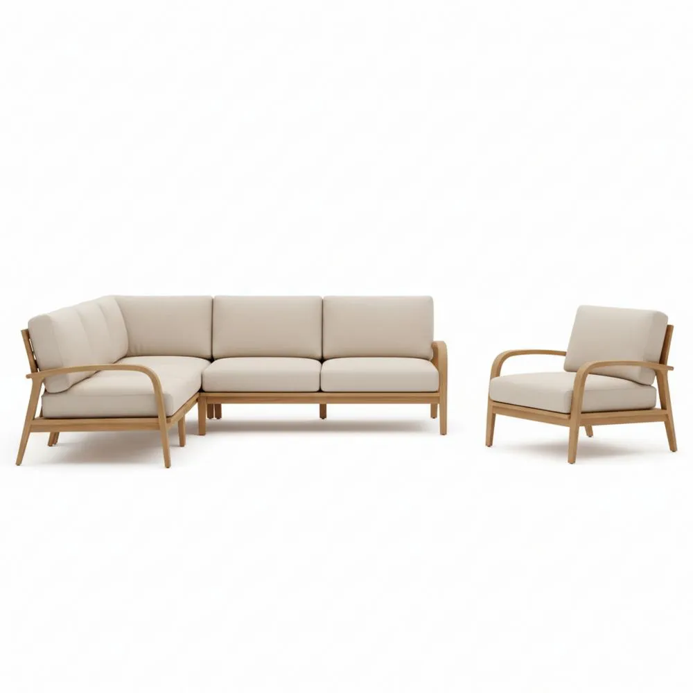Sofá esquinero seccional y butaca para exterior en madera de roble y poliéster beige